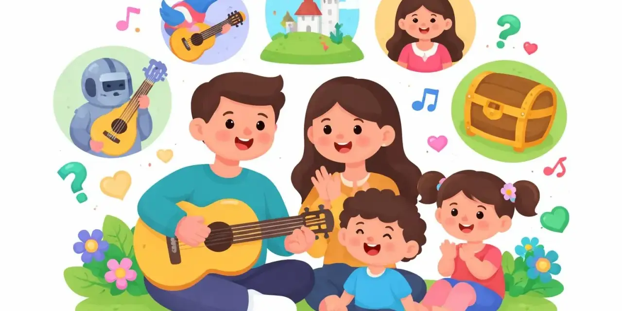 Familie spielt Gitarre, umgeben von Bildern einer Prinzessin, einer Burg, einem Roboter und einer Schatzkiste. Eine musikalische Ballade voller Fantasie.