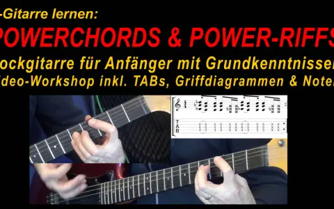 E-Gitarre lernen: POWERCHORDS & POWER-RIFFS. Rockgitarre für Anfänger mit TABs, Griffdiagrammen & Noten. Zeigt Hände beim Spielen von Powerchords auf einer E-Gitarre.