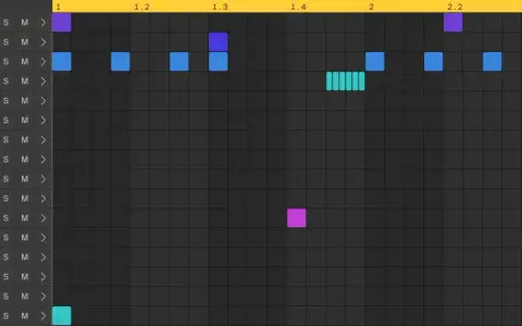 Ein bunter **drill drum pattern** mit vielen Noten. Kick, Snare und Hi-Hat sind zu hören.