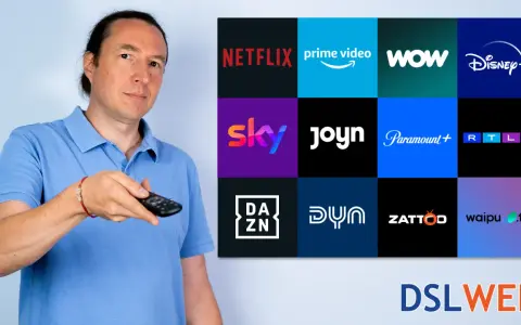 Mann mit Fernbedienung vor Logos beliebter Streaming-Dienste in Deutschland wie Netflix, Prime Video, Sky, Disney+.