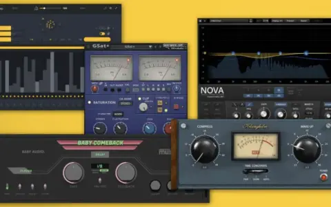 Verschiedene Audio-Plugins, darunter ein EQ, ein Kompressor und ein Delay-Effekt, die als aax plugin für Musikproduktion genutzt werden.