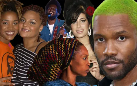 Collage von neo soul artists: Erykah Badu, Amy Winehouse, Frank Ocean, Michael Kiwanuka und anderen.