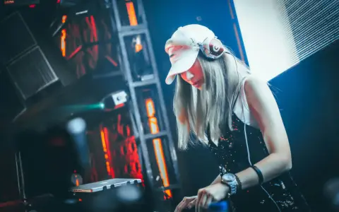 DJane legt auf, die Menge tanzt zu fetter electro dance music. Rote Lichter blitzen, die Musik pulsiert.