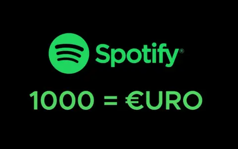 Spotify-Logo mit der Aussage "1000 = €URO". Ein Hinweis auf die Einnahmen pro 1000 Spotify streams.