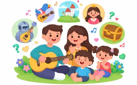 Familie spielt Gitarre, umgeben von Bildern einer Prinzessin, einer Burg, einem Roboter und einer Schatzkiste. Eine musikalische Ballade voller Fantasie.