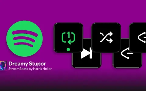 Stream Deck mit Spotify-Symbolen und Wiedergabesteuerung. Perfekt für Musik-Streamer.