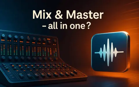 Ein Mischpult und ein Icon mit einer Schallwelle. Die Frage: Mix & Master – alles in einem?