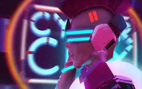 Cyberpunk-Figur mit leuchtenden VR-Brillen und Irokesenschnitt, inspiriert von OpenAI MuseNet, im Neonlicht.