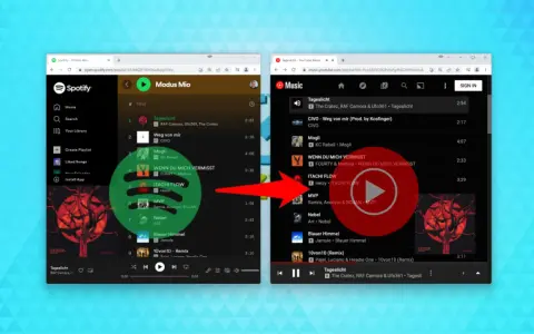 Spotify-Playlist "Modus Mio" wird zu YouTube Music übertragen. Ein grüner Kreis zeigt den Übergang von Deezer zu Spotify.