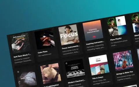 Spotify-Oberfläche mit vielen best Spotify playlists, darunter "Soft Piano Music", "Focus" und "Inspiring Instrumentals".