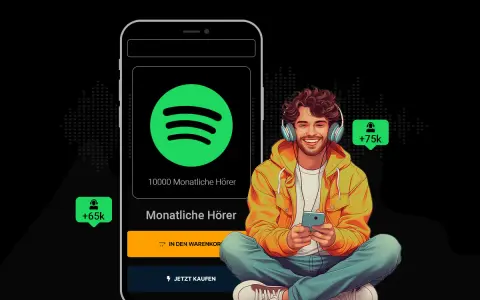 Ein lächelnder Mann mit Kopfhörern und Smartphone. Eine Spotify-App zeigt 10.000 monatliche Hörer, während Benachrichtigungen +65k und +75k Hörer anzeigen.
