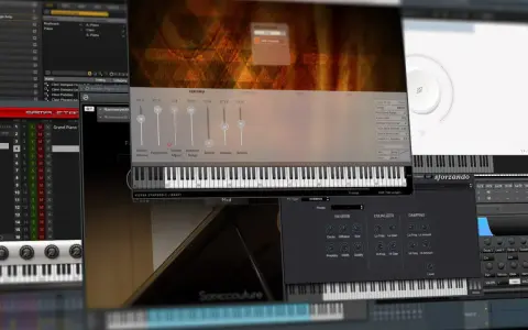 Ein Bildschirm mit einem **VST-Sampler** und verschiedenen Musiksoftware-Fenstern, darunter eine virtuelle Tastatur und Effekte.