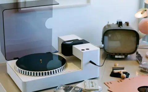Moderner Plattenspieler mit Vinyl-Schallplatte, Kassetten und Retro-Fernseher. Hier wird die Frage "was ist Vinyl Musik" visuell beantwortet.