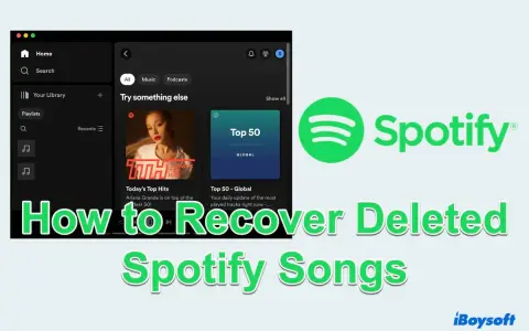 Spotify-Oberfläche mit Ariana Grande und "Top 50". Text: "How to Recover Deleted Spotify Songs".