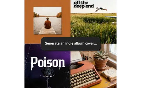 Vier Beispiele für album cover ai: Mann auf Steg, Sprung ins Gras, schwarze Rose mit "Poison", Schreibmaschine.