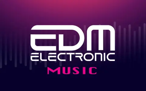Logo mit "EDM ELECTRONIC MUSIC" in Weiß und Pink vor einem lila Hintergrund mit vertikalen Linien.