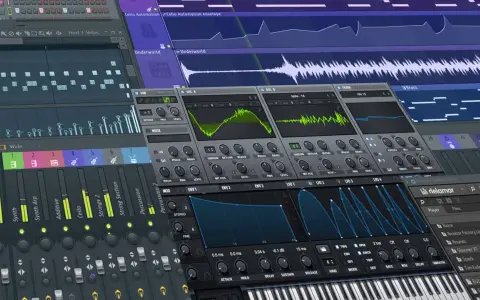 Musik am PC erstellen: Ein Blick auf eine digitale Audio-Workstation mit Spuren, Synthesizern und Effekten.