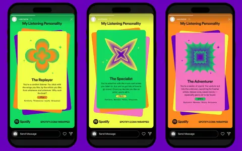Spotify Wrapped zeigt drei "My Listening Personality"-Karten: "The Replayer", "The Specialist" und "The Adventurer".