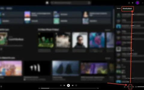 Spotify-Fenster mit hervorgehobener Liste "Recently played" (kürzlich abgespielt).