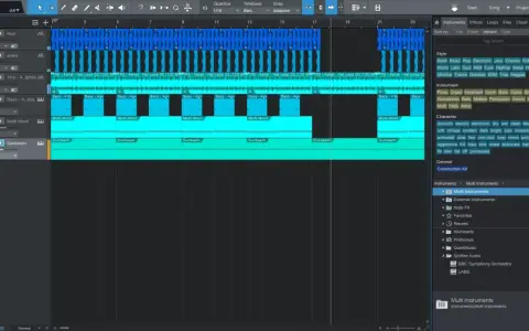 EDM music meaning: Ein Musikproduktionsprogramm zeigt Spuren mit "Bass", "Snare" und "Hat Loop", typisch für EDM.