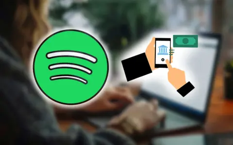 Spotify-Logo neben einer Hand, die ein Smartphone mit Bank-Symbol und Geldschein hält. Dies illustriert Spotify-Zahlungsmethoden.