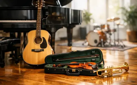 Eine wunderschöne erste Gitarre steht neben einem Flügel. Ein Geigenkasten mit Geige und Bogen sowie eine Trompete liegen auf dem Holzboden.