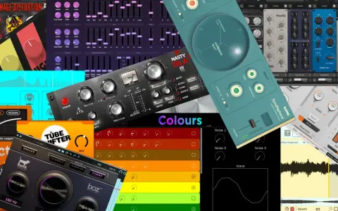 Kollektion von **free VSTs** mit bunten Benutzeroberflächen, von Verzerrern bis zu Synthesizern.