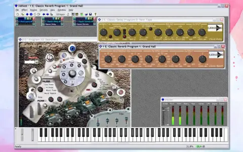 Ein Bildschirm mit einem kostenlosen VST-Host, der verschiedene Audio-Effekt-Plugins wie Reverb und Delay anzeigt.