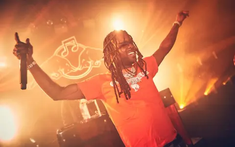 Rapper mit Dreadlocks und orangefarbenem T-Shirt singt mit erhobenen Armen und Mikrofon. Die Bühne ist in warmes Licht getaucht, perfekt für energiegeladene Hip-Hop-Songs.