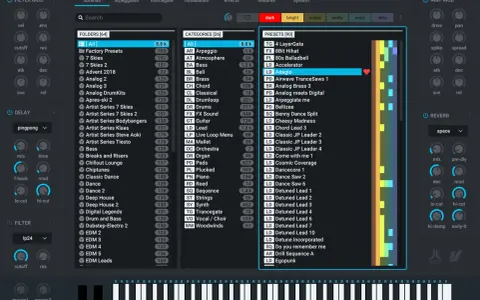 Nexus 3 mit dem Preset "Adagio" im Fokus. Die Benutzeroberfläche zeigt Ordner, Kategorien und Presets, bereit für musikalische Kreationen.