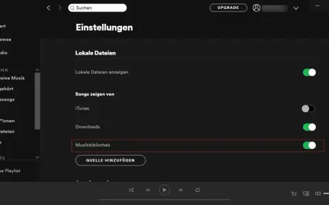 Spotify Einstellungen: Lokale Dateien anzeigen, Songs von iTunes & Downloads, Musikbibliothek aktivieren. Quelle hinzufügen.