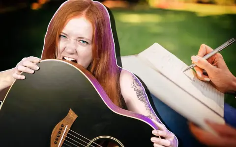 Rote Haare, Gitarre im Mund, während eine Hand Noten für die Songstruktur schreibt.