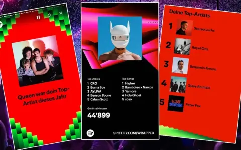 Spotify Wrapped zeigt Queen als Top-Artist. Daneben Listen mit Top-Künstlern und -Songs, sowie gehörte Minuten.