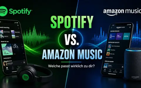 Spotify vs. Amazon Music: Zwei Smartphones zeigen die Benutzeroberflächen der Musikdienste. Kopfhörer und ein Echo-Lautsprecher vervollständigen die Szene.