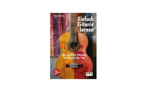 Buchcover: "Einfach Gitarre lernen" von Klaus Hartmann. Eine bunte Gitarre mit dem Untertitel "Der perfekte Einstieg für Klassik bis Pop".