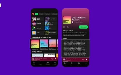 Spotify-App zeigt eine "daily playlist" namens "Unexpected Genre Adventure". Nutzer können neue Musik entdecken.