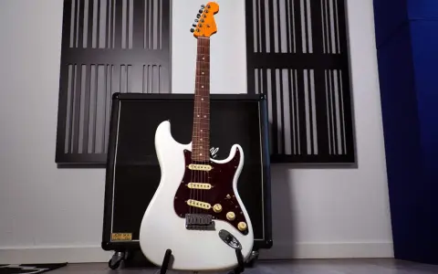 Weiße E-Gitarre mit sechs Saiten steht vor einem Verstärker.