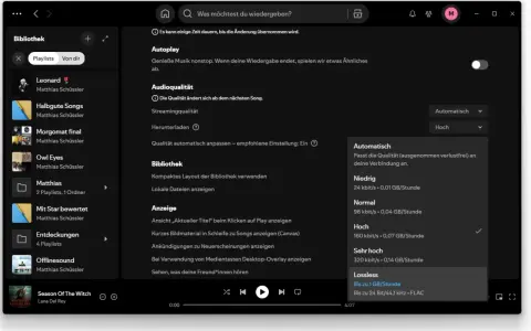 Spotify-Einstellungen zeigen Optionen für die spotify music quality, von niedrig bis verlustfrei.