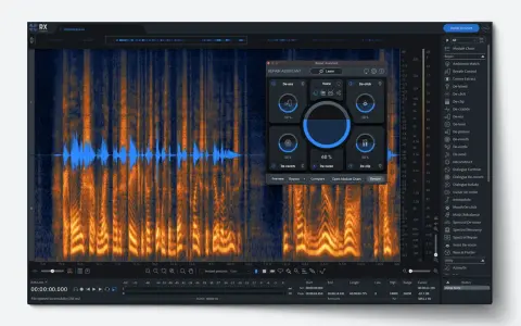 Das Interface von izotope rx 10 zeigt eine Wellenform und ein Spektrogramm. Der Reparaturassistent bietet Werkzeuge wie De-ess, De-noise und De-clip.