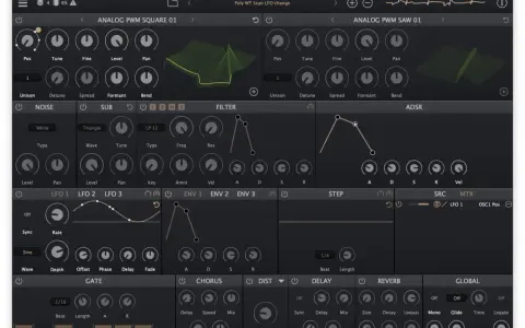 Ein Synthesizer-Interface mit Fokus auf **wavetable synthesis**. Regler für Oszillatoren, Filter, Hüllkurven und Effekte sind sichtbar.