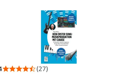 Buchcover: "Dein erster Song: Musikproduktion mit Cubase". Zeigt Gitarre, Klaviertasten, Mikrofon und Software-Interface. Ideal, um zu lernen, wie man Musik produziert.