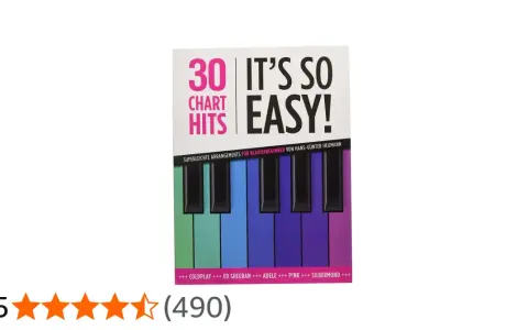 Notenbuch "30 Chart Hits Easy!" mit Klaviertasten-Design. Ideal, um zu lernen, wie man Lieder schreibt und spielt.