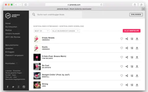 Jamendo Music zeigt eine Liste mit kostenlosen Downloads an, bereit für deinen nächsten playlist upload.