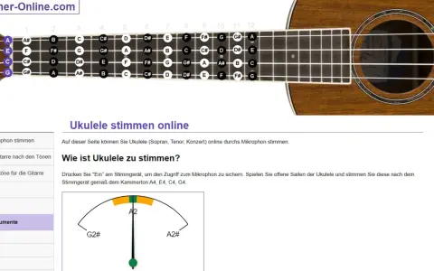 Bariton Ukulele Stimmung: Online-Stimmgerät zeigt Noten auf dem Griffbrett. Perfekt für Anfänger!