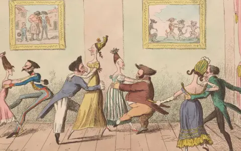 Karikatur von Paaren, die ausgelassen den Walzer tanzen. Ein Musiker spielt Geige, während Hunde im Hintergrund tanzen.