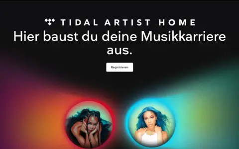 Tidal Artist Home: Hier baust du deine Musikkarriere aus. Zwei Künstlerinnen, eine rote und eine blaue Aura, laden zur Registrierung ein.