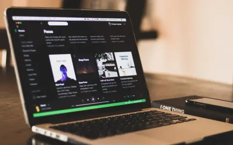 Laptop zeigt Spotify-Playlist "Focus". Hier gibt es einen pre save link für entspannende Musik.