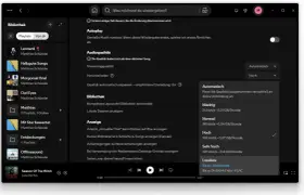 Spotify-Einstellungen zeigen Optionen für die spotify music quality, von niedrig bis verlustfrei.