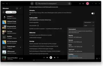 Spotify-Einstellungen zeigen Optionen für die spotify music quality, von niedrig bis verlustfrei.