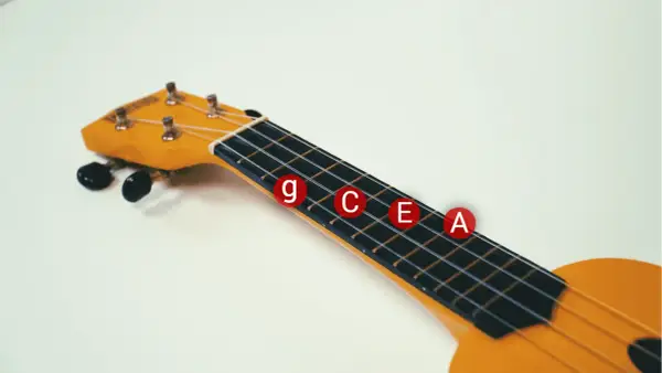 Nahaufnahme eines gelben Ukulelenhalses mit den Noten G, C, E, A als gitarrensaiten beschriftung auf roten Kreisen.